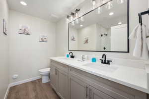 Bathroom featuring a tile shower, vanity, wood-type flooring, and toilet