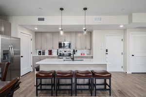 Kitchen with sink, an island with sink, decorative light fixtures, appliances with stainless steel finishes, and light wood-type flooring