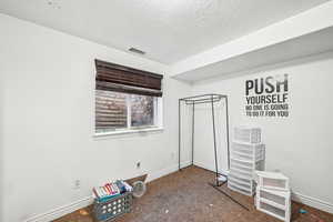 Unfurnished bedroom featuring carpet flooring and a textured ceiling