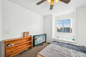 Carpeted bedroom featuring ceiling fan