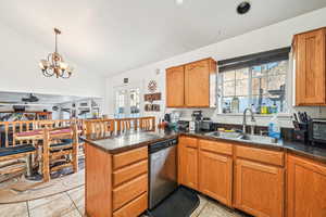 Kitchen featuring kitchen peninsula, a healthy amount of sunlight, stainless steel dishwasher, and a notable chandelier