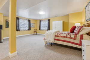 Carpeted bedroom with a closet