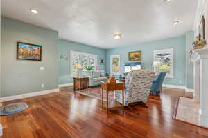 Living room with dark hardwood / wood-style floors, a premium fireplace, and a textured ceiling