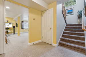 Staircase featuring a wealth of natural light and carpet floors