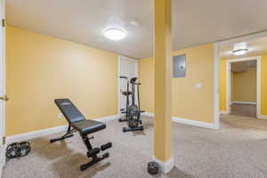 Exercise room featuring electric panel and carpet floors