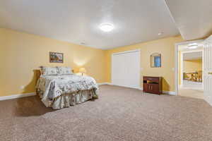 Carpeted bedroom featuring a closet