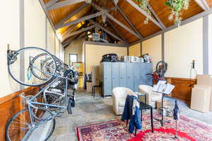 Garage with wooden ceiling