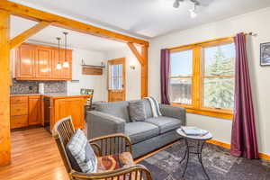 Living room with light hardwood / wood-style flooring and rail lighting