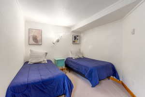 Bedroom featuring carpet flooring and crown molding