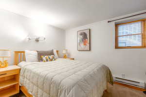 Bedroom with hardwood / wood-style floors, a baseboard radiator, and ornamental molding