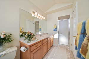 Bathroom featuring vanity, lofted ceiling, tile patterned flooring, toilet, and an enclosed shower