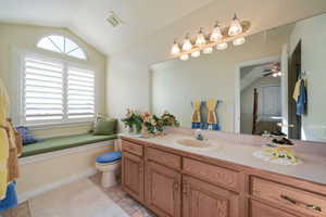 Bathroom featuring a wealth of natural light, tile patterned flooring, ceiling fan, and vaulted ceiling