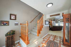 Staircase featuring carpet flooring and ceiling fan