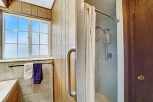 Bathroom featuring vanity, curtained shower, and wooden walls