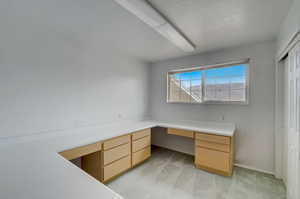 Unfurnished office with light carpet and built in desk