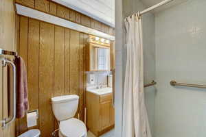 Bathroom featuring a shower with curtain, vanity, toilet, and wooden walls