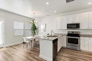 Kitchen featuring kitchen peninsula, stainless steel appliances, white cabinetry, and sink