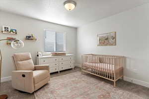 Bedroom with a textured ceiling, light colored carpet, and a nursery area