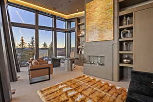 Carpeted living room featuring built in shelves, a healthy amount of sunlight, and wood ceiling