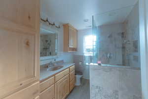 Bathroom with tiled shower, vanity, and toilet