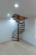 Staircase featuring carpet flooring