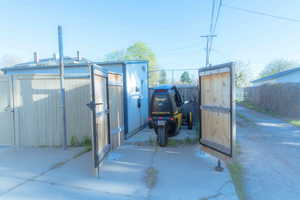 Exterior space with a shed