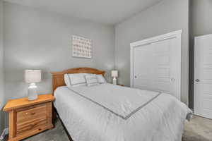 Carpeted bedroom featuring a closet