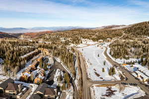 Snowy aerial view featuring a mountain view