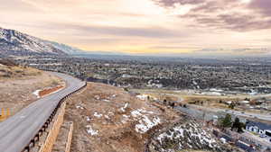 Aerial view at dusk with a mountain view