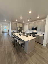 Kitchen featuring a kitchen island with sink, dark wood-type flooring, sink, gray cabinets, and stainless steel appliances