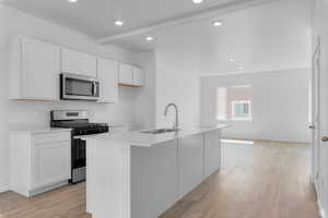 Kitchen featuring a kitchen island with sink, sink, white cabinets, and appliances with stainless steel finishes