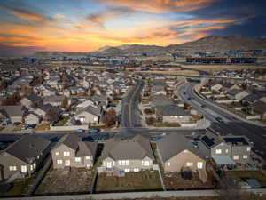 Aerial view at dusk with a mountain view