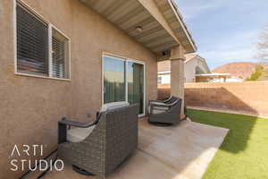 View of patio / terrace with a mountain view