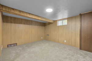 Basement with wood walls, carpet floors, and a textured ceiling