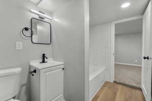 Basement bathroom with vanity, wood-type flooring, and toilet