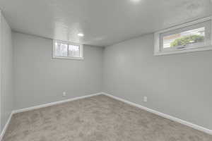 Basement bedroom featuring light colored carpet