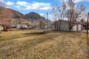 View of yard with a mountain view and a trampoline