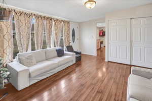 Living room with wood-type flooring