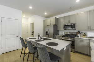 Kitchen featuring gray cabinetry, sink, light hardwood / wood-style flooring, an island with sink, and appliances with stainless steel finishes