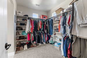 Walk in closet featuring carpet flooring