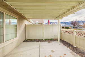 View of patio featuring a mountain view