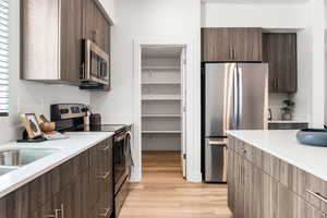 Kitchen with dark brown cabinetry, stainless steel appliances, and light hardwood / wood-style flooring