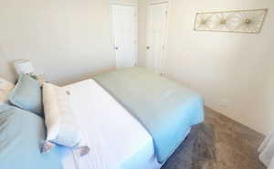 Carpeted bedroom featuring a closet