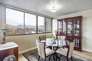 Dining space featuring a mountain view, plenty of natural light, ornamental molding, and light hardwood / wood-style flooring