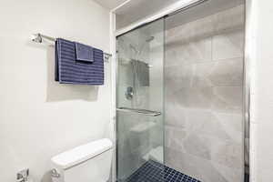 Bathroom with toilet and a shower with shower door