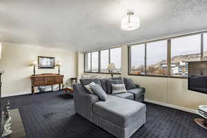 Carpeted living room with a textured ceiling and ornamental molding