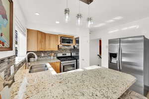 Kitchen with pendant lighting, sink, decorative backsplash, kitchen peninsula, and stainless steel appliances