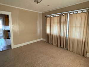 Empty room featuring carpet flooring, a textured ceiling, and ornamental molding