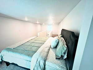 Carpeted bedroom with a textured ceiling