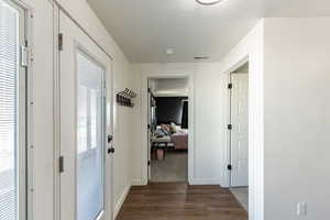 Hall featuring a textured ceiling and dark hardwood / wood-style flooring